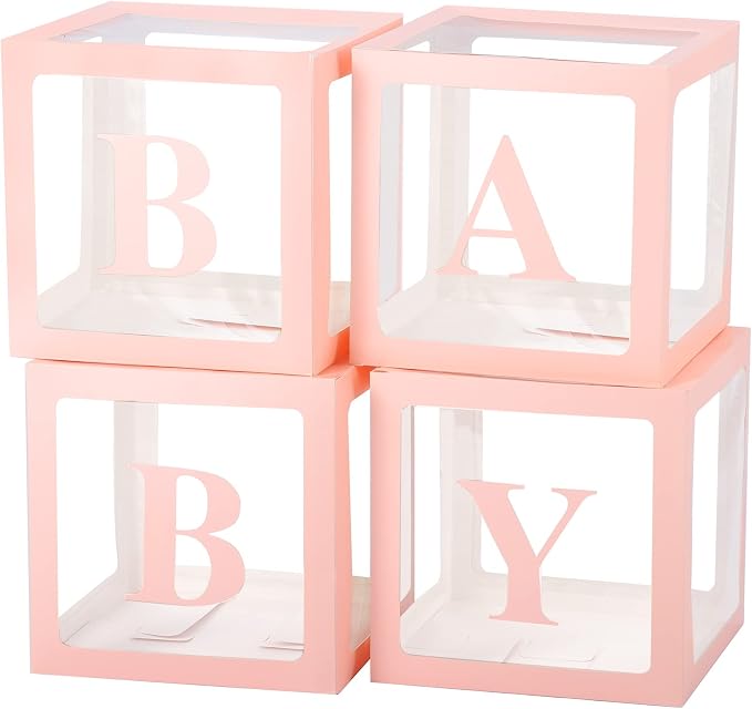 Baby Boxes with Letters for Baby Shower, Baby Shower Decorations with 4 Transparent Balloon Boxes for Girl Baby Shower Gender Reveal Decorations(Pink)
