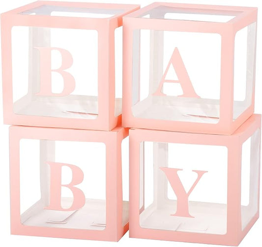 Baby Boxes with Letters for Baby Shower, Baby Shower Decorations with 4 Transparent Balloon Boxes for Girl Baby Shower Gender Reveal Decorations(Pink)