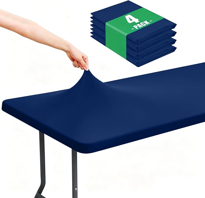 Moosfor Spandex Rectangle Table Cloth 4 Pack, Elastic Fitted Tablecloths for Picnic, Stretch Washable Patio Table Cover for Outdoor, Camping, Banquet and Parties (Navy, 36"x72")