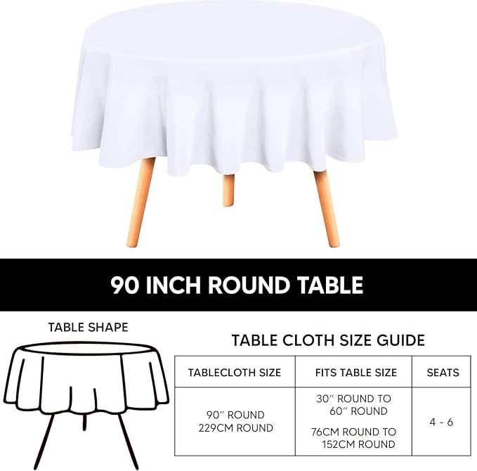 12 Pack 90 Inch Round White Tablecloth, Washable Polyester Table Cloth, Stain & Wrinkle Resistant Decorative Table Cover for Wedding, Party, Dining, Banquet