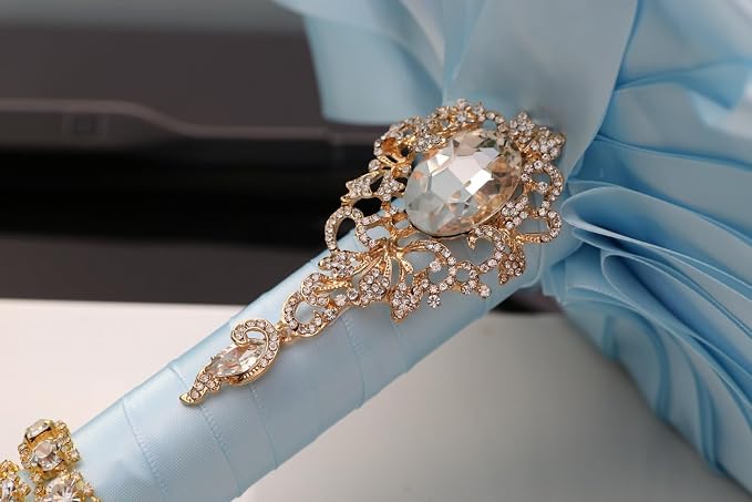 Light Blue Bridal Wedding Bouquet with Gold Brooch Bling Rhinestone Pearl Satin Rose Flower Bouquet for Bride Bridesmaid Quinceanera Wedding Light Blue 7.1in