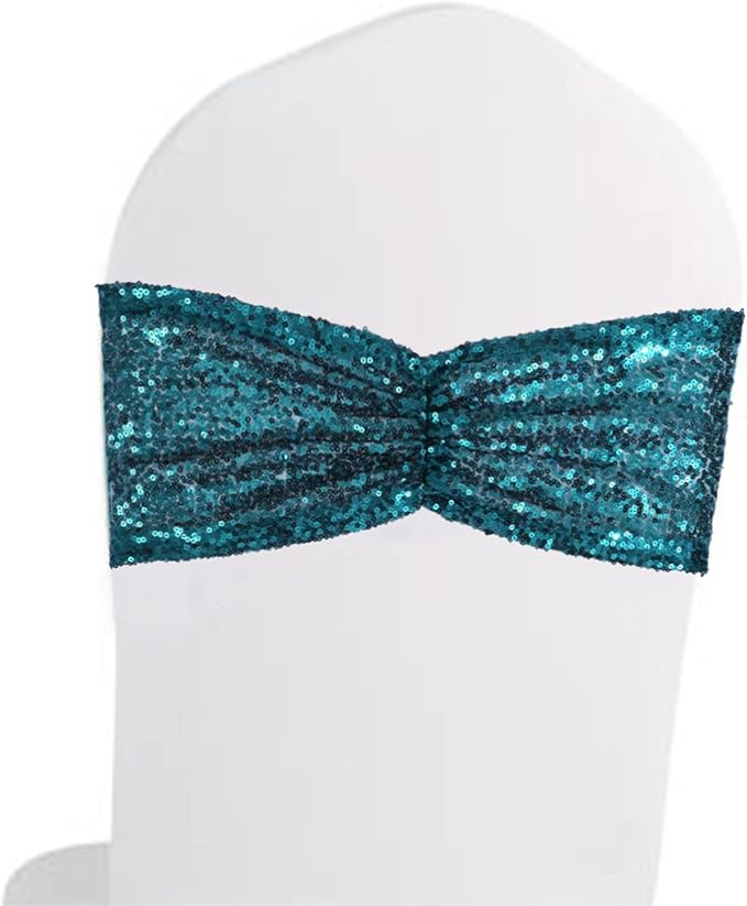 Eternal Beauty 50 Pack Sequin Chair Sashes Glitter Band Teal Chair Sashes for Wedding Cover Decoration