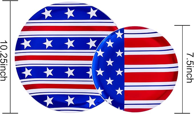 FLOWERCAT 60PCS 4th of July Plates & Red White Blue Plates for Independence Day - Patriotic Plastic Plates Include 30PCS 10.25inch Dinner Plates and 30PCS 7.5inch Dessert Plates