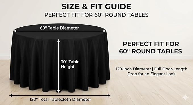 120 Inch Black Polyester Tablecloth, Soft & Easy to Iron, Stain Resistant Wrinkle Free Circle Table Cover, Washable Reusable for Wedding, Party, Birthday, Banquet & Reception