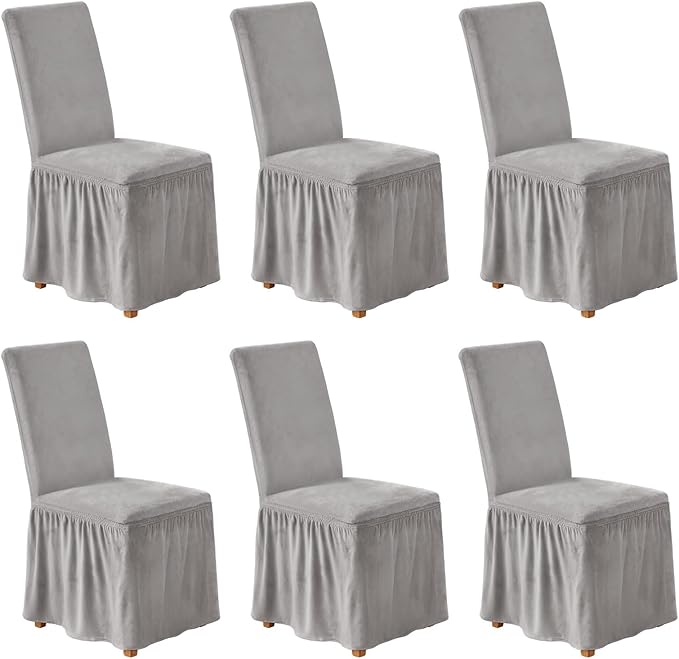 NICEEC Spandex Chair Covers for Dining Chairs Covers Set of 6 Removable Dining Room Chair Covers with Skirt Parson Chair Slipcovers Washable Chair Protector for Kitchen Wedding Party(Light Grey)