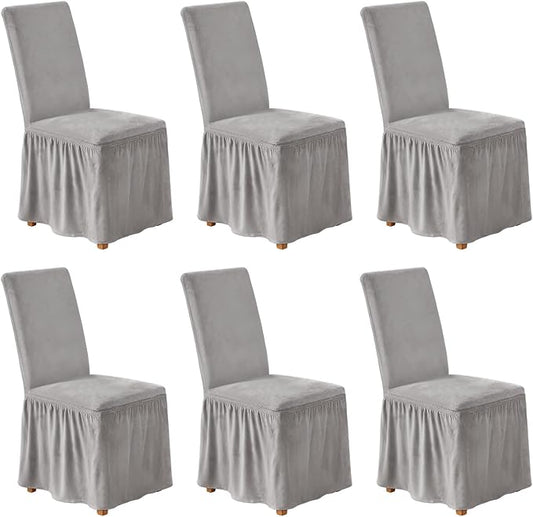 NICEEC Spandex Chair Covers for Dining Chairs Covers Set of 6 Removable Dining Room Chair Covers with Skirt Parson Chair Slipcovers Washable Chair Protector for Kitchen Wedding Party(Light Grey)