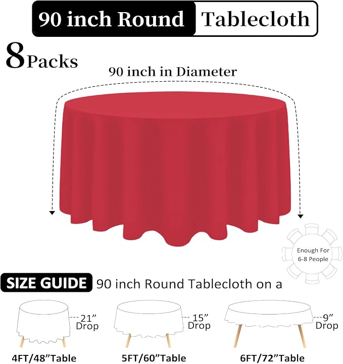 8 Pack Red Round Tablecloth 90 Inch Red Table Cloth Wrinkle Resistant Reusable and Washable Polyester Fabric for Holiday Buffet Wedding Party and Banquet