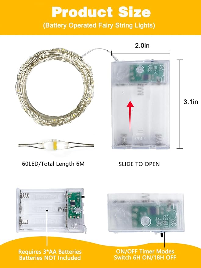 4 Pack 60 LED Fairy Lights Battery Operated with Timer, 20FT Waterproof String Lights Indoor Outdoor, Cuttable Battery Light for Home Bedroom Wedding DIY Centerpiece Christmas Decorations (Warm White)