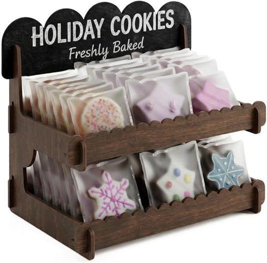 HOTCAN Cookie Display Stand for Bakers & Vendors - Wooden Cookie Stand with Chalkboard Sign for Market Booths, Craft Fairs & Events - Tiered Cookie Display for Cupcakes, Muffins & Pastries 2 Tier (Brown)