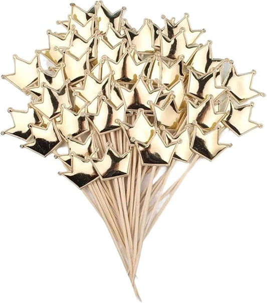 Fruit Skewers 100pcs Cake Decorations Shimmering Skin-Tone Reflective Hearts Five-Pointed Star Crowns Birthday Dessert Table Baking Wedding Party(Crown Gold)