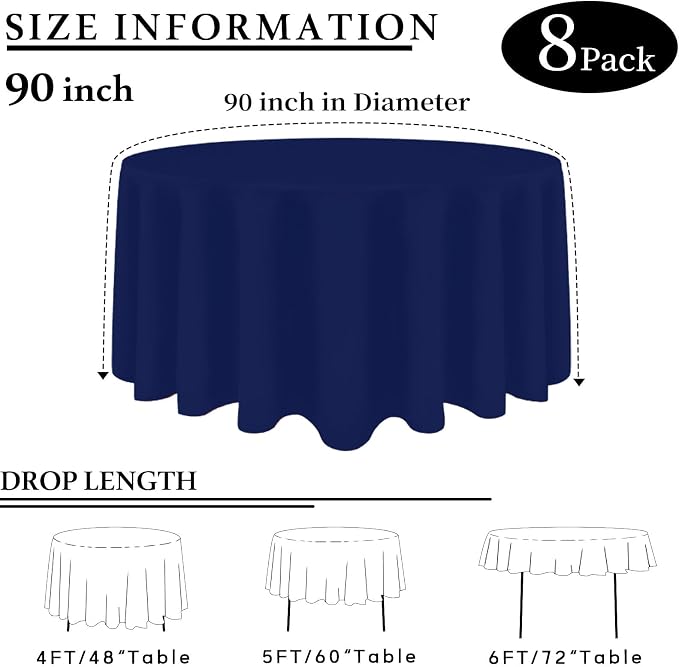 8 Packs Round Tablecloth 90 Inch Navy Blue Tablecloth for Circle Tables, Washable Polyester Fabric Table Cloth, Wrinkle Resistant Table Cloth Round Cover for Wedding Party Banquet Dining