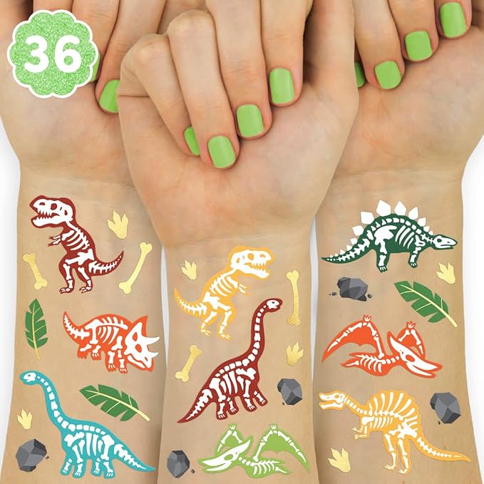 xo, Fetti Dinosaur Tattoos - 36 styles | Dino Fossil Birthday Party Supplies, T-Rex Party Favors, Stegosaurus Decorations, Easter Basket