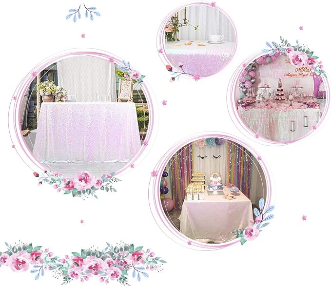Juya Delight White Iridescent 60" x 102" Rectangle Sequin Tablecloth for Party Dinner Banquet Festival Wedding Anniversary Exhibition Dessert Table