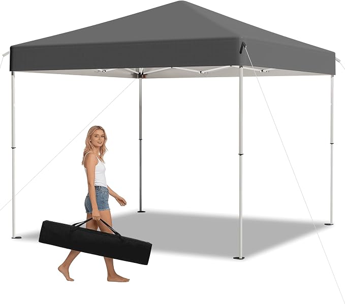 10x10 Pop Up Canopy Tent,Outdoor Canopy with Carry Bag,Easy Up Canopy with 3 Adjustable Height, Outdoor Gazebo Straight Legs,UPF 50+ Event Shelter Tents for Parties,Camping,Market,Patio(Grey)