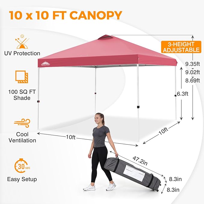 EAGLE PEAK Pop Up Canopy Tent with Wheeled Carry Bag, 8 Stakes, 4 Ropes, 4 Weight Bags, Easy Set Up Tent Canopy, 10x10 ft, 100sqft of Shade, Peach Pink