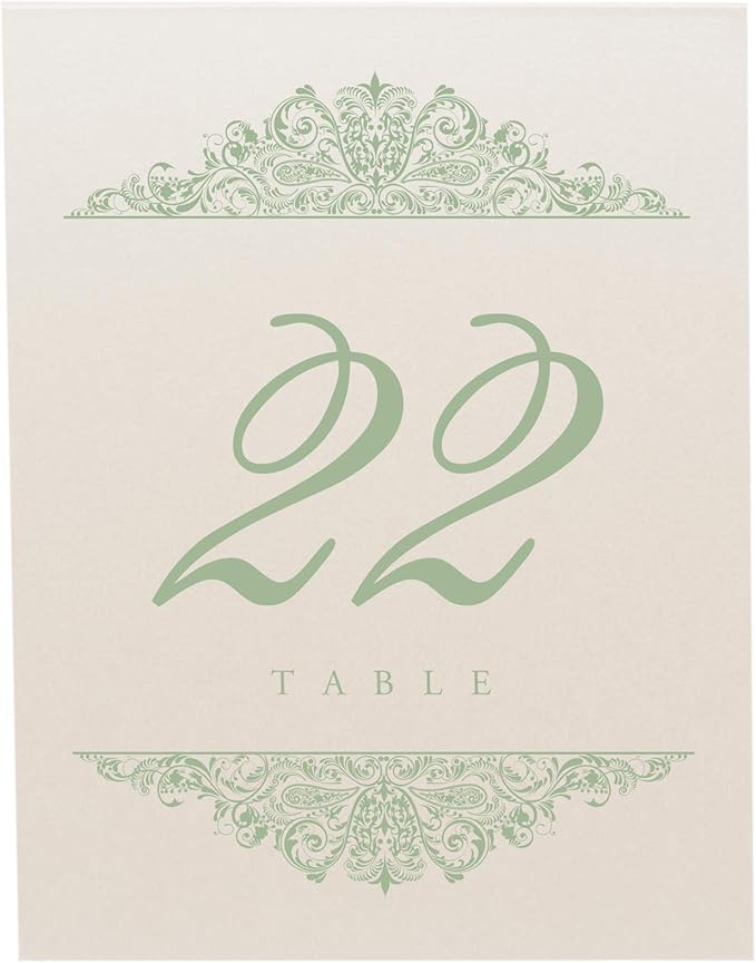 Paisley Wedding Table Numbers (Select Color/Quantity), Champagne, Sage, 1-100, Double Sided, Tent or Use in a Stand, Great for Parties & Restaurants - Made in the USA