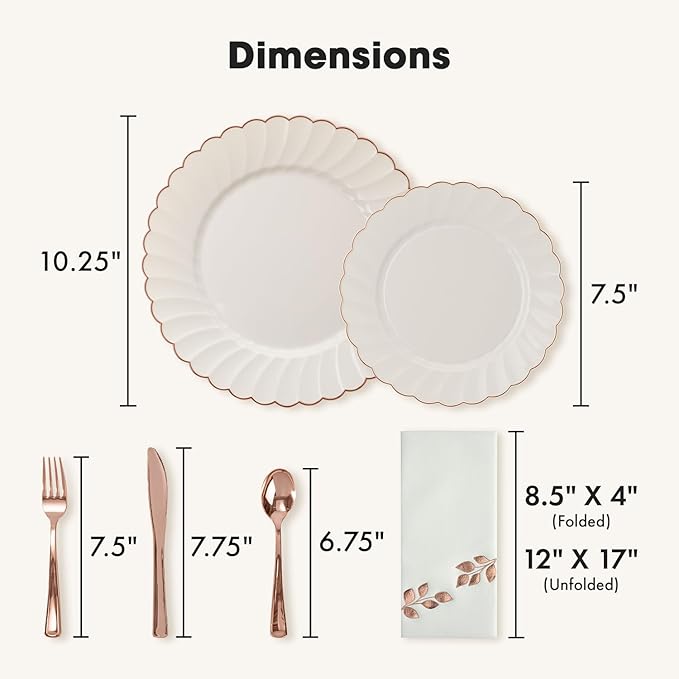 By Madee HEAVYWEIGHT 175 Pc Fancy Disposable Dinnerware Set | Ivory Scalloped Rose Gold Plates and Napkins, Cutlery | Elegant Disposable Plates Set for Wedding, Bridal Shower, Baby Shower (25 Guests)