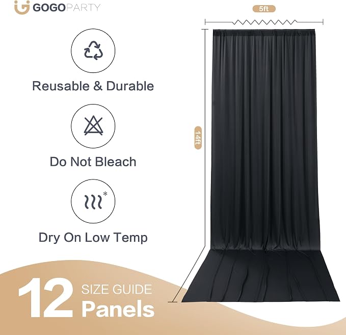 60x14ft Black Backdrop Curtains for Wedding Party, 12 Panels 14 ft Long Back Drop Cloth, Wrinkle-Free Polyester Drapes for Birthday, Baby Shower, Stage Photography Background