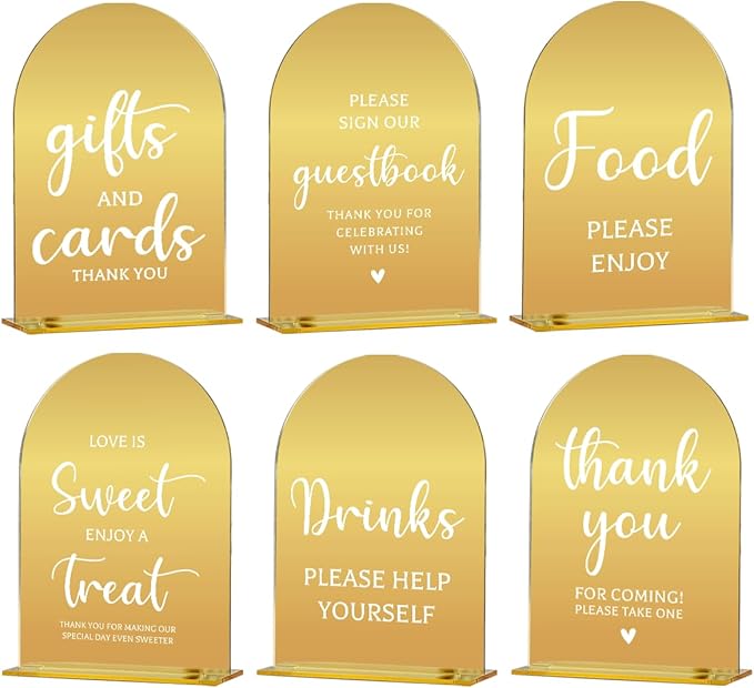 6 Pcs Wedding Sign Decor, Ceremony Sign, Wedding Sign for Reception & Event Party,Bridal Shower Decorations, Wedding Table Sign Accessories for Anniversary and Event 5x7 Inch Gold