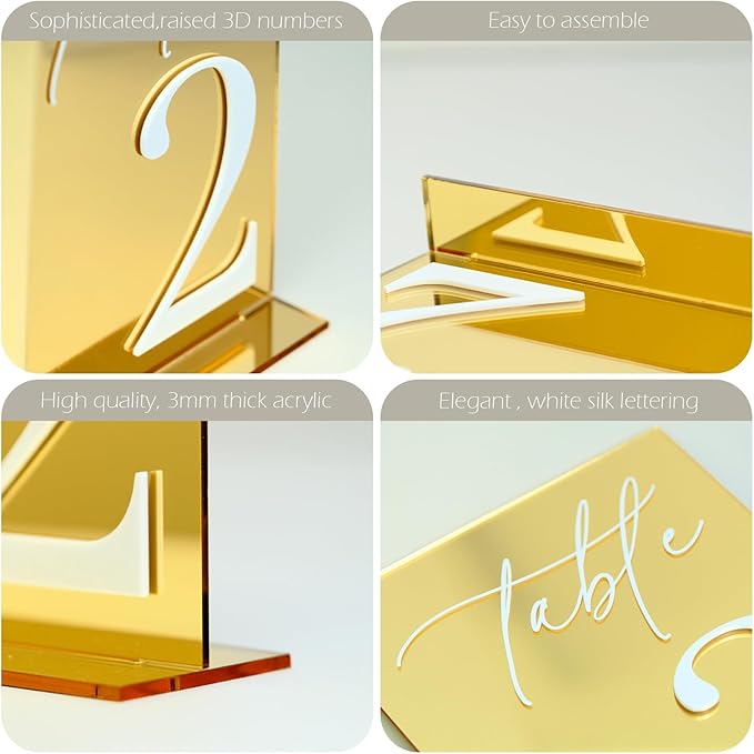 Acrylic Wedding Table Numbers 1-20 with Stands, 5"x7" Gold Mirror Acrylic Signs with 3D White Numbers, Gold Mirror Table Numbers for Wedding Reception, Anniversary, Event