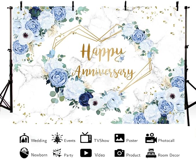 MEHOFOND 8x6ft Happy Anniversary Backdrop Blue and White Floral Wedding Anniversary Photography Background Hearts Geometric Couple Wedding Women Birthday Party Cake Smash Decor Studio Photo Props