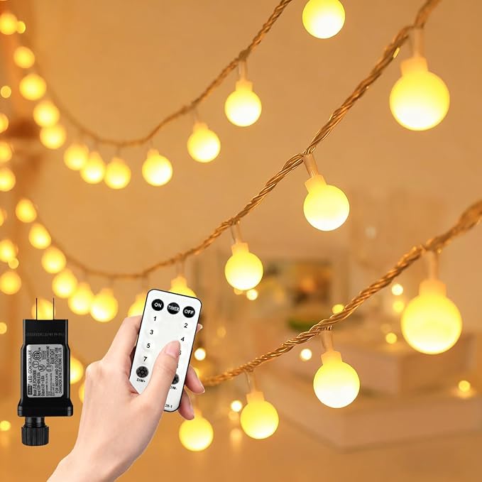 RaThun 65.6FT Globe String Lights, 150 LED Warm White Bulbs, 8 Modes Remote Timer Dimmer, IP44 Waterproof Plug in Fairy Lights for Indoor Outdoor Garden Wedding Bedroom Home Decor