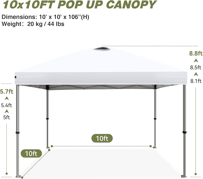 HYPER VENTURE 10x10ft Pop Up Canopy Tent with One Push Setup, Portable Outdoor Event Shelter with Rolling Carry Bag for Camping, Beach, Market, Patio (White)