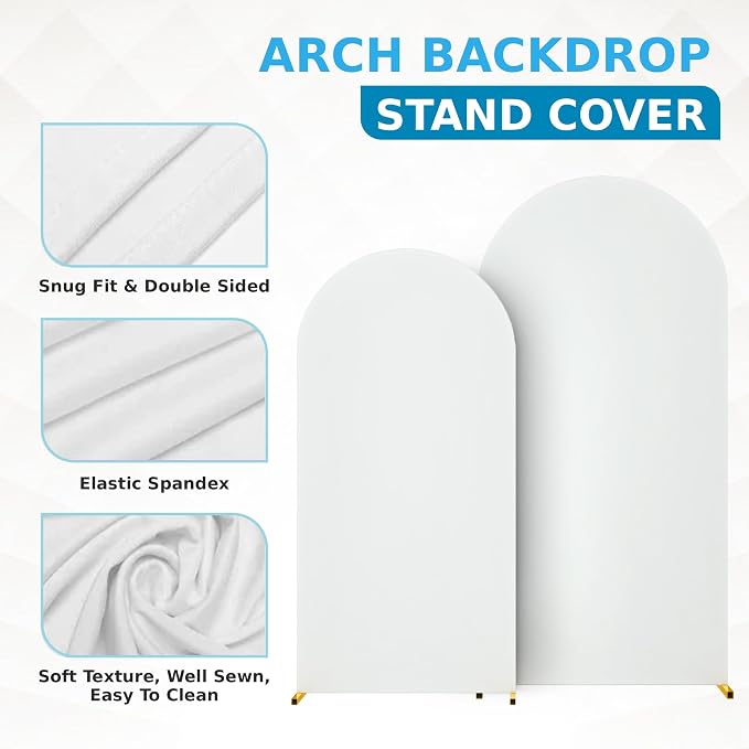 Metal Arch Backdrop Stand and Cover Set - 2 Gold Arches (7.2ft, 6ft) - Water Weights - 2 White Stretchy Spandex Covers, Bags & Case - Wedding, Birthday, Baby Shower, Party Decor