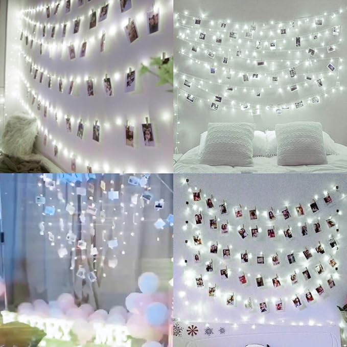Decute 100 LED 50 Photo Clips String Lights Holder 33FT Starry Fairy Lights for Hanging Pictures Cards Memos USB Powered with Switch Perfect for Bedroom Wedding Dorm Christmas Decor (Cool White)