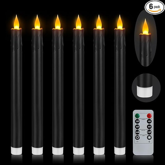 wemarry Flameless Taper Candles 10.6" Dripless Battery Operated Taper Candles Included Remote Timer 400+ Hours by 2AA Batteries for Halloween Christmas Wedding (Black, 6 Pack)