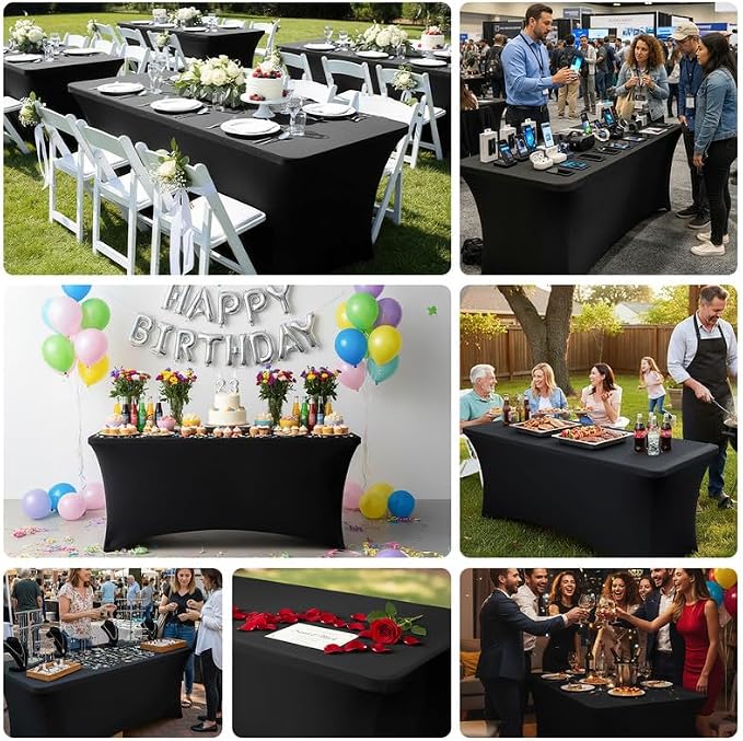 Black Tablecloths 96x30 Inch Table Cloths for 8 Foot Rectangle Tables, Wrinkle Resistant Washable Rectangular Spandex Fabric Table Cover for Vendor Dining Wedding Banquet Camping Party - 6 Pack