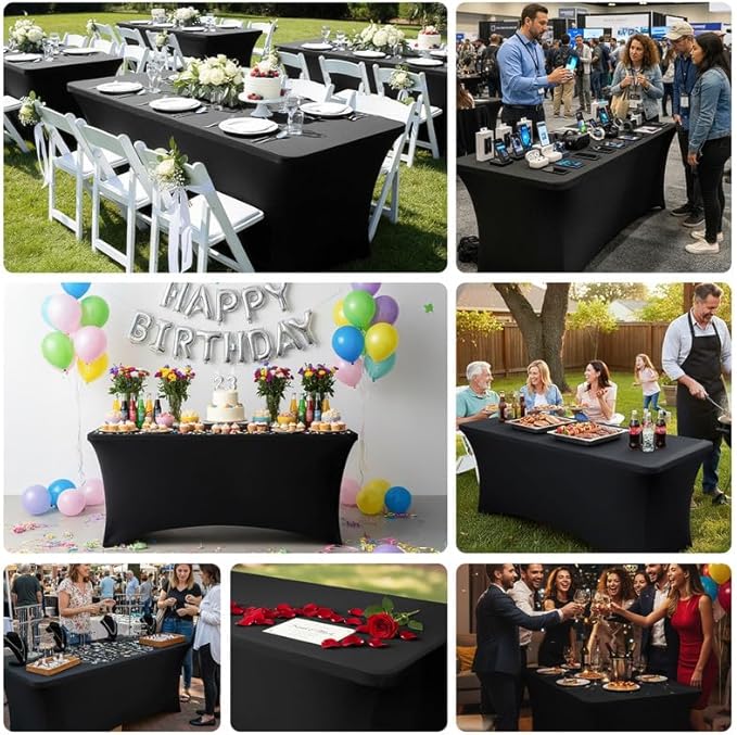 4 Pack 8FT Rectangular Spandex Tablecloth,Wrinkle Resistant Fitted Cover for 96x30 inch Banquet Table Cloth, Washable Stretch Fabric for Party, Events, Wedding, Vendor - Black
