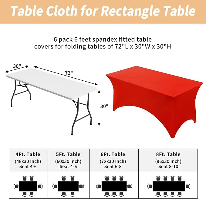Fixwal 6 Pack 6Ft Red Table Cover, Spandex Fitted Tablecloths Rectangle, Wrinkle-Free and Stretch Folding Table Cloth for Banquet, Wedding, Party, Trade Show