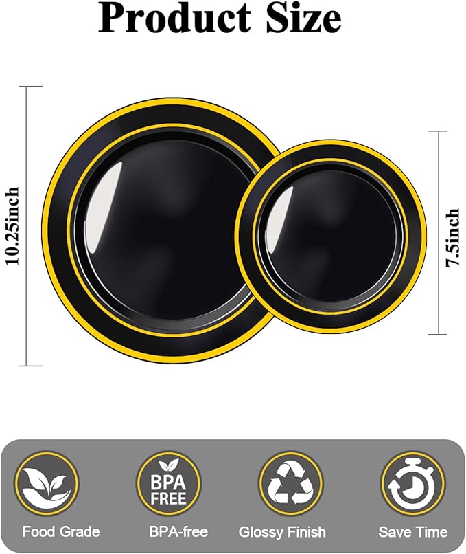 BESTSTAR 200PCS Black Plastic Plates Set with Gold Rim, 100 10.25 inch Dinner Plates and 100 7.5 inch Dessert Plates, Premium Disposable Plates forfor Party, Wedding, Holiday