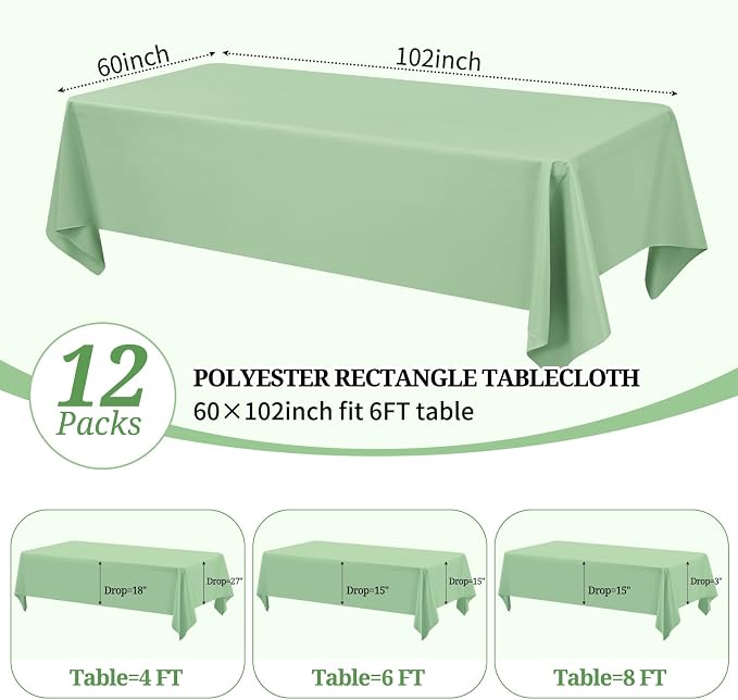 Pesonlook 12 Pack Rectangular Tablecloth Sage Green -60 x 102 Inch Polyester Tablecloth for 6 ft Tables,Washable Fabric Table Cover for Wedding/Buffet Party/Dining Table/Events