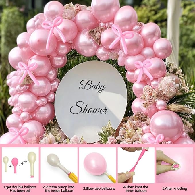 Pearl Pink Balloon Arch Double Stuffed Pearl Hot Baby Pink Balloon Garland Kit with Long Balloons Different Size for Birthday Wedding Baby Shower Bridal Anniversary Decoration
