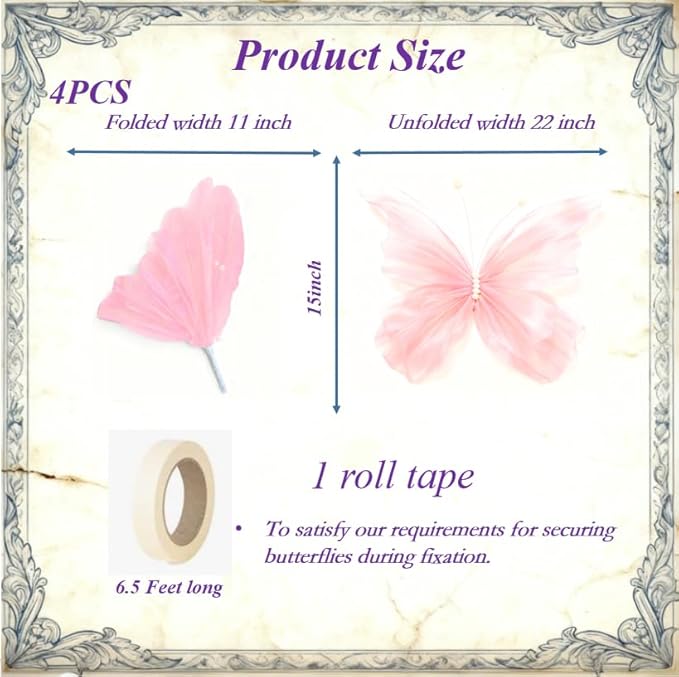 4 PCS Giant Artificial Butterfly Party Decorations 19.6inch 3D Silk Butterfly Hanging Wall Decorations for Baby Shower Decor Girls Women Birthday Party Wedding Homes Supplies (Pink(4PCS))
