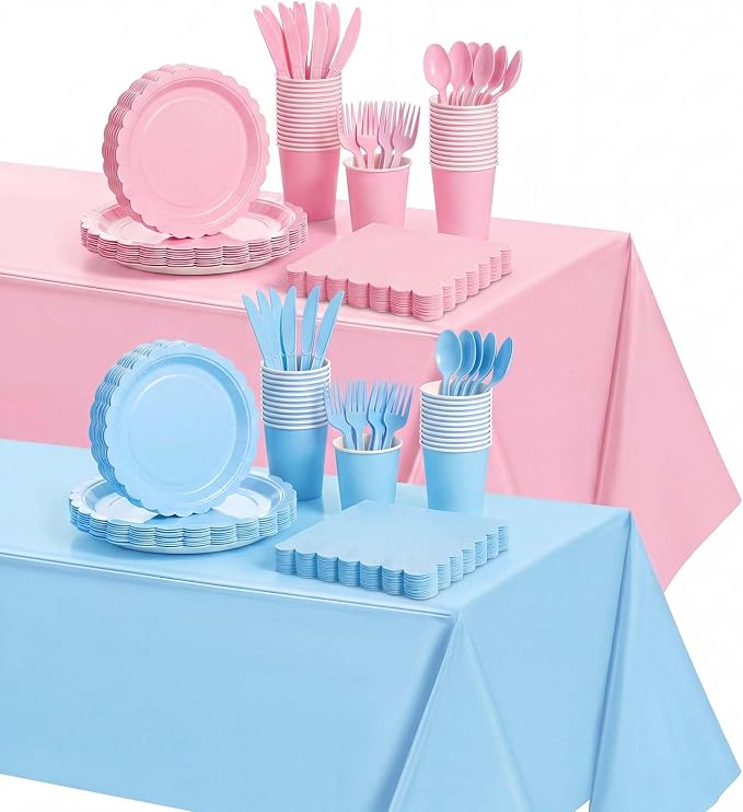 Tegeme 256 Pcs Pink and Blue Gender Reveal Party Supplies Disposable Tablecloth Paper Plates Napkin Cup Plastic Fork Knives Spoon Tableware Serve 36 Guest for Birthday Baby Shower Wedding Decoration