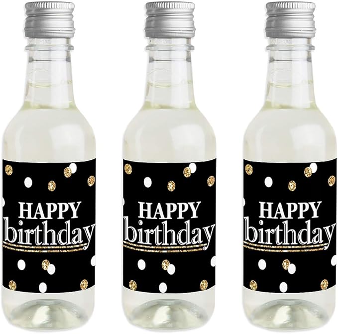 Big Dot of Happiness Adult Happy Birthday - Gold - Mini Wine and Champagne Bottle Label Stickers - Birthday Party Favor Gift for Women and Men - Set of 16