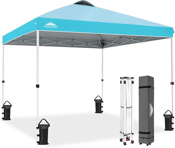 EAGLE PEAK Pop Up Canopy Tent with Wheeled Carry Bag, 8 Stakes, 4 Ropes, 4 Weight Bags, Easy Set Up Tent Canopy, 10x10 ft, 100sqft of Shade, Light Blue