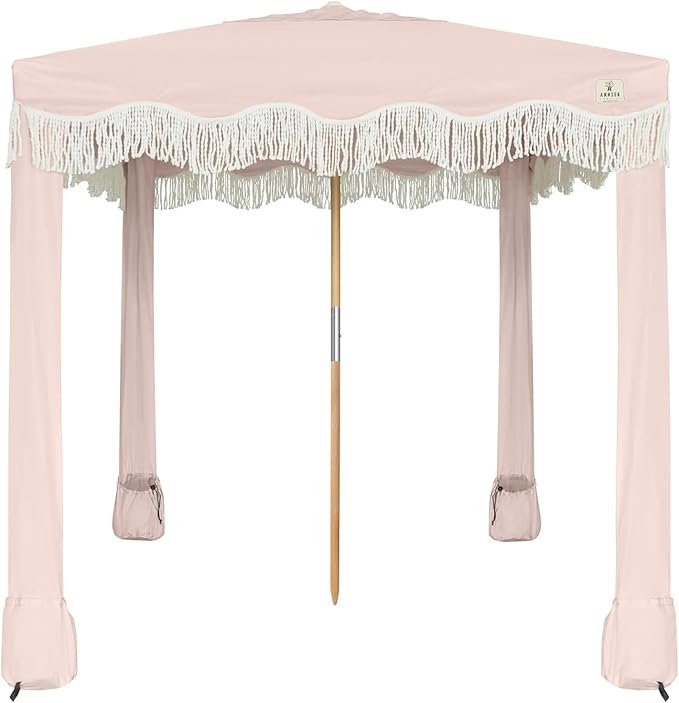 AMMSUN Beach Cabana with Fringe, 7' x 7' Boho Beach Canopy with Tassels, Easy Set up & Premium Wood Pole, Cabana Tent with Sand Pockets, Instant Sun Shade for Sand, Garden, Patio, Pink Coral