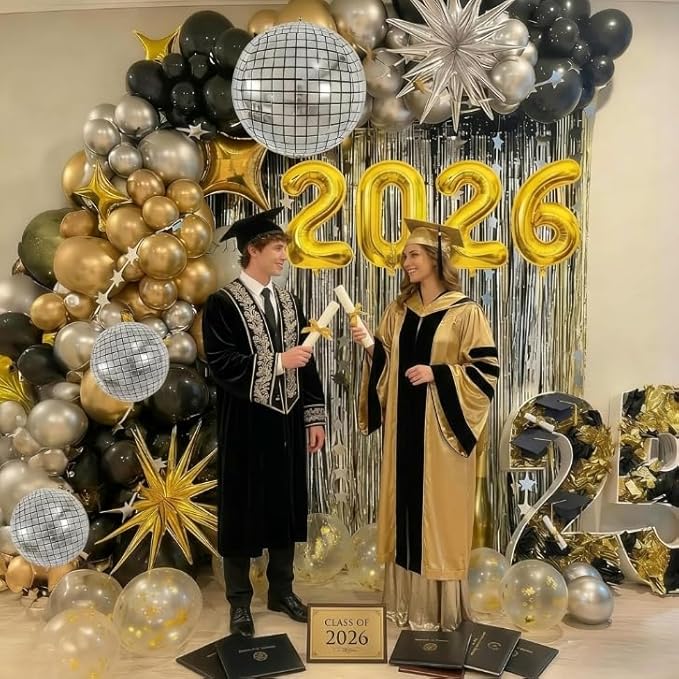 2026 Graduation Balloon Garland Arch Kit, Black Gold Silver Balloon Arch Class of 2026 Graduation Decorations Disco Star Balloons for Grad Celebrations Birthday Party Decorations