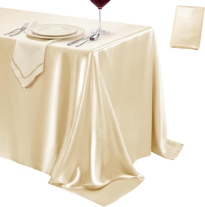 1 Pack Champagne Satin Tablecloth 58 x 102 Inches, Rectangular Satin Table Cloths for Wedding Reception, Birthday Party, Graduation & Holiday Banquet Tables