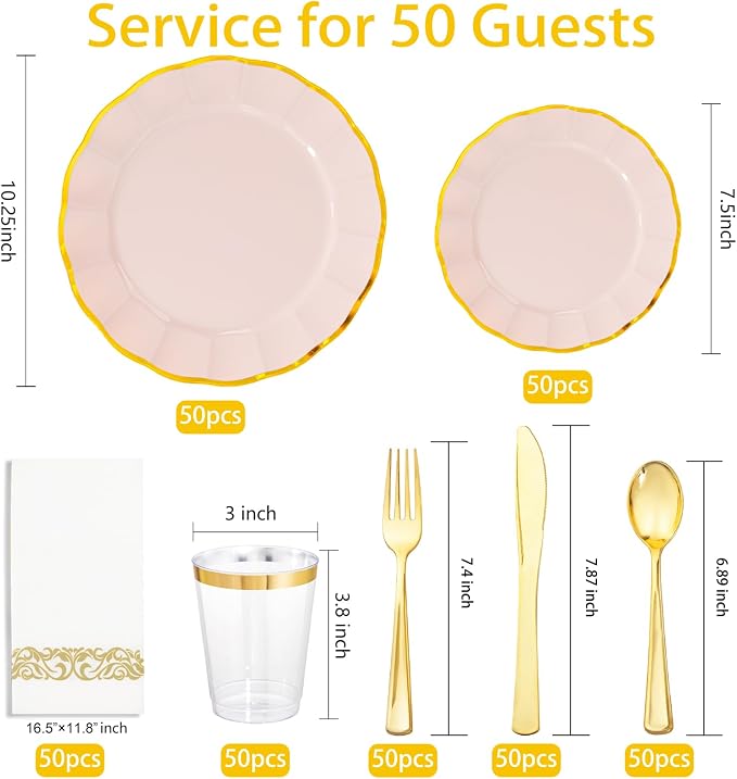 LIYH 350 Pcs Pink Plastic Plates for Party Pink Plastic Dinnerware Set for 50 Guest 100 Disposable Plates 150 Gold Plastic Silverware 50 Gold Cups 50 Napkins Perfect for Wedding Birthday