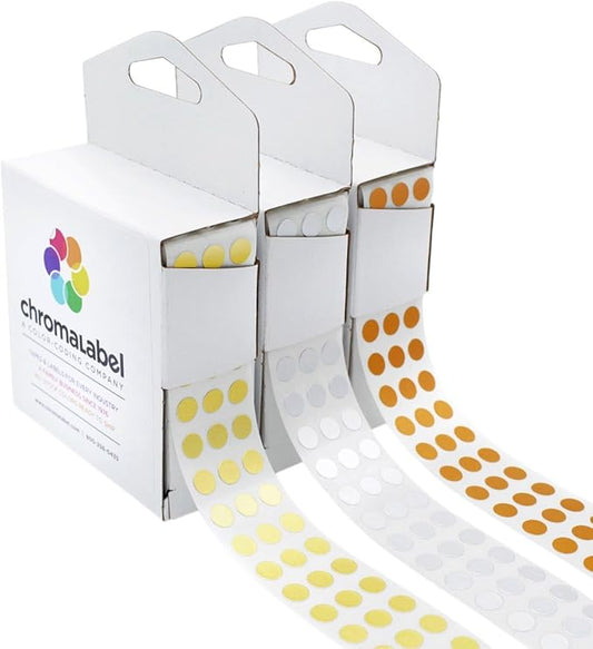 ChromaLabel 0.25 inch Metallic Color Code Dot Stickers, Assorted Gold, Silver, Bronze, 1000 Circle Labels per Dispenser Box