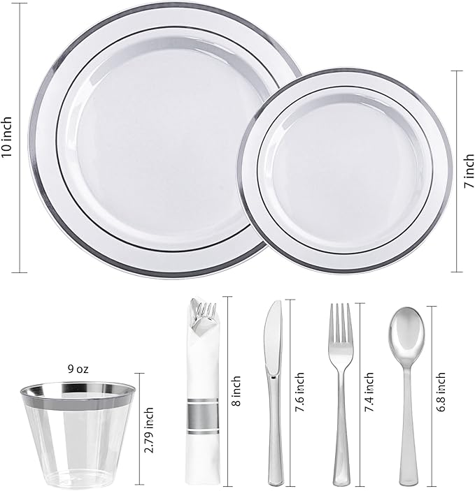 700 PCS White and Silver Plastic Dinnerware Set for 100 Guests, 200 Disposable Plates for Party, 100 Pre Rolled Napkins with Silver Silverware, 100 Cups