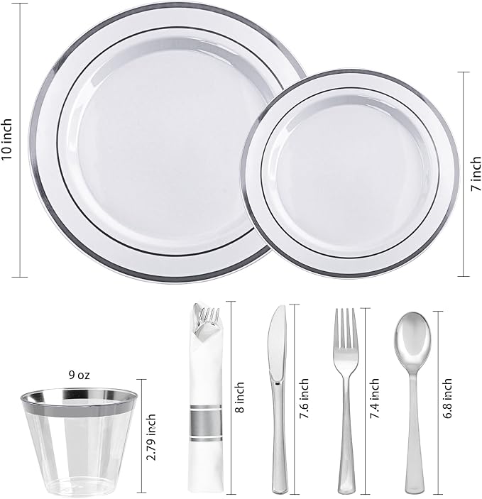 realluck 350 PCS White and Silver Plastic Dinnerware Set for 50 Guests, 100 Disposable Plates for Party, 50 Pre Rolled Napkins with Silver Silverware, 50 Cups