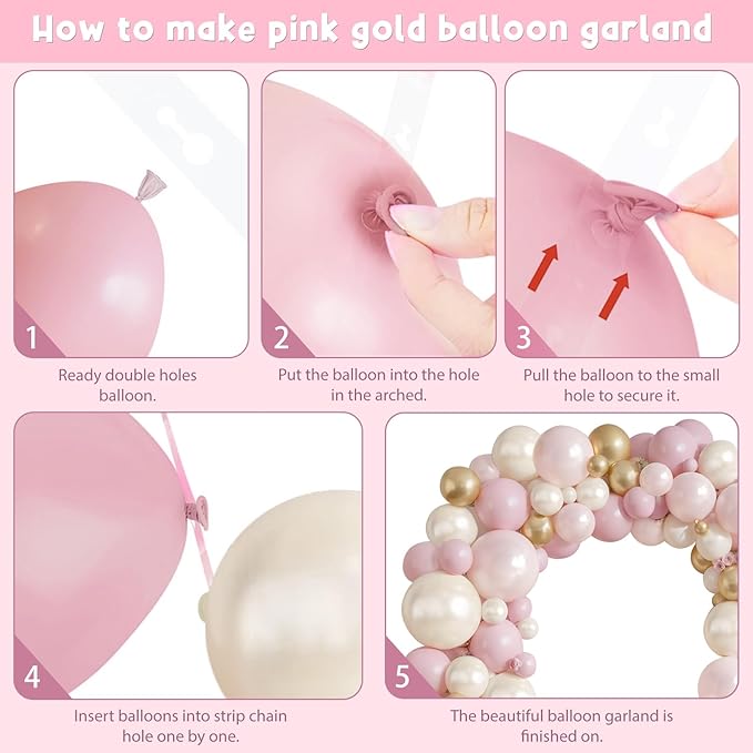 Pink White Gold Balloons Arch Kit - 119 PCs Double Stuffed Pearl White Pastel Light Pale Pink Champagne Gold Balloons for Wedding Bridal Shower Birthday Party Decorations for Girls Women