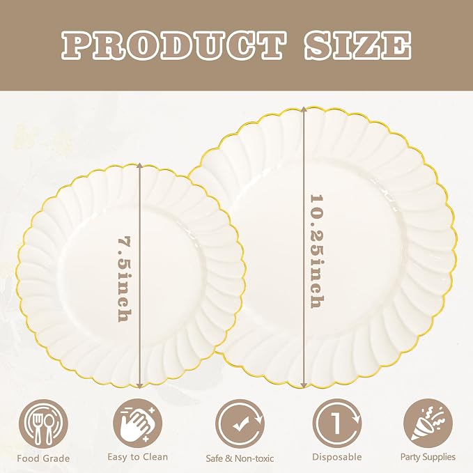 YOUBET 60PCS Ivory Scalloped Plastic Plates - Hard Craem and Gold Fancy Disposable Plates include 30 Gold Dinner Plate, 30 Dessert Plate for Wedding Party