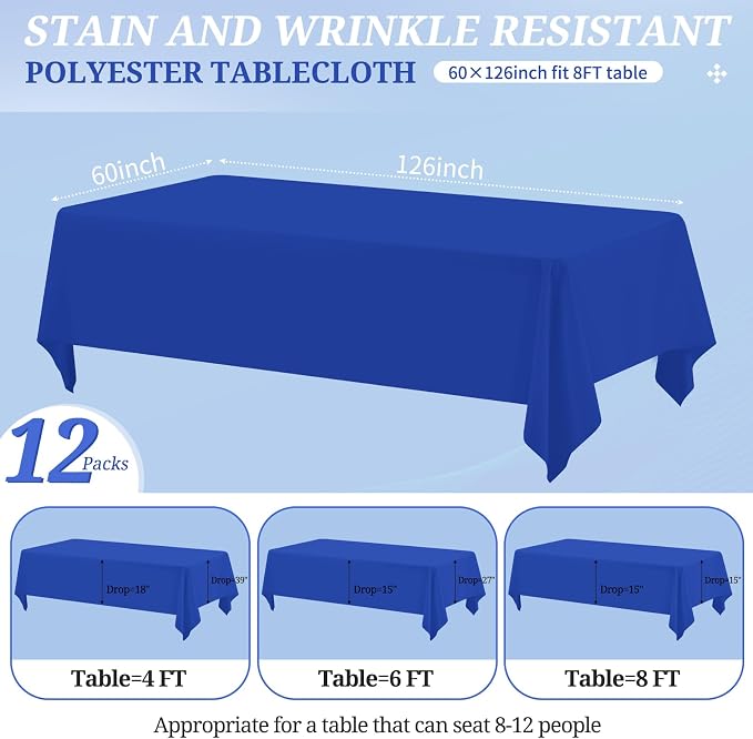 12 Pack Polyester Tablecloth -60 x 126 Inch Royal Blue Table Cloth for 8 Feet Rectangle Tables, Stain and Wrinkle Resistant Washable Fabric Table Cover for Wedding Party Banquet Restaurant Kitchen